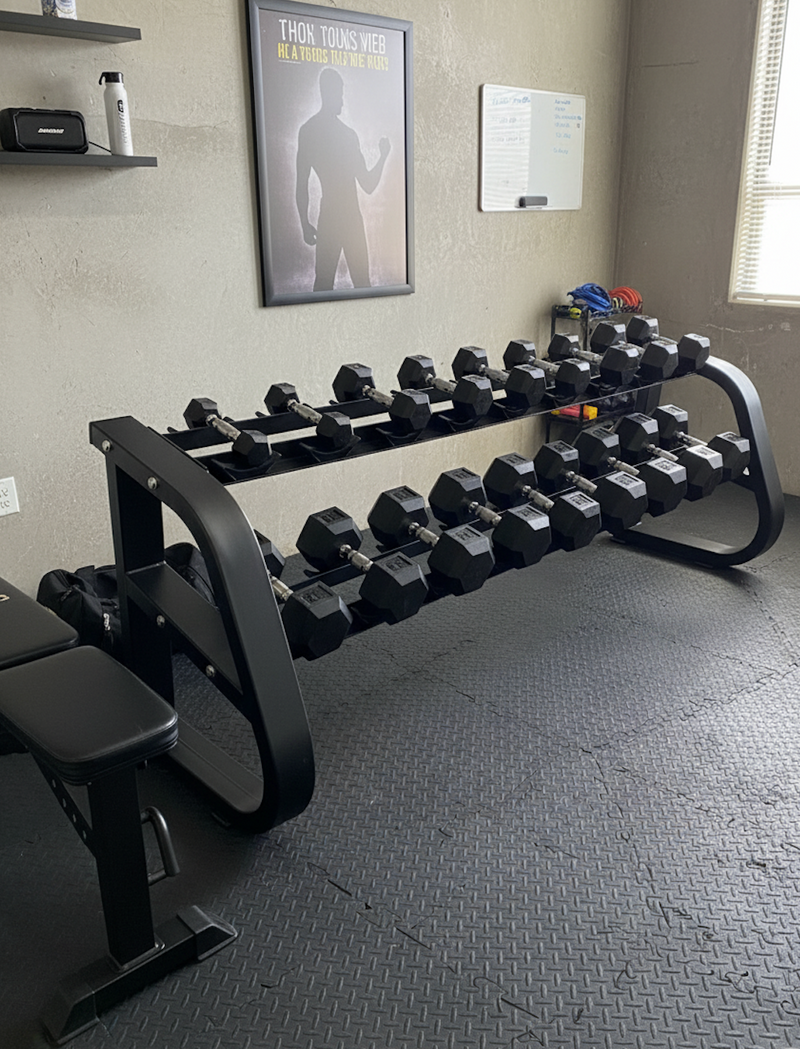 Load image into Gallery viewer, HEX Rubber Dumbbells 5-100 Bundle + Rack
