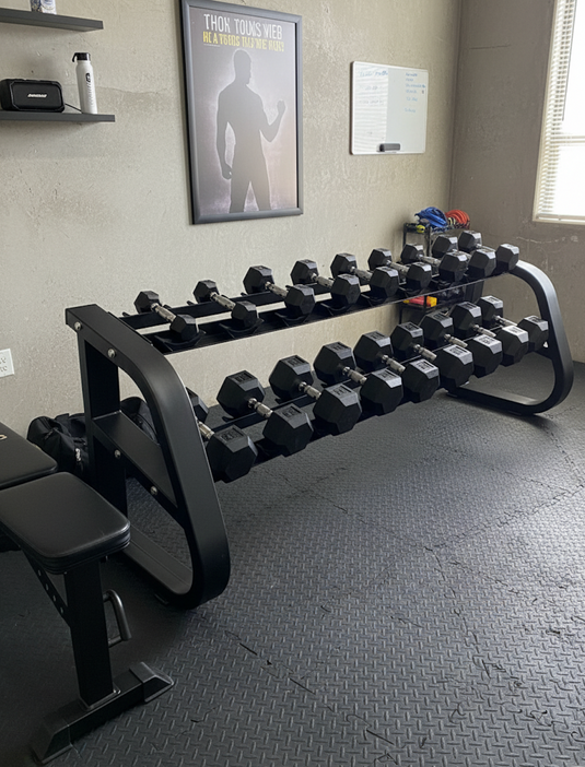 HEX Rubber Dumbbells 5-100 Bundle + Rack