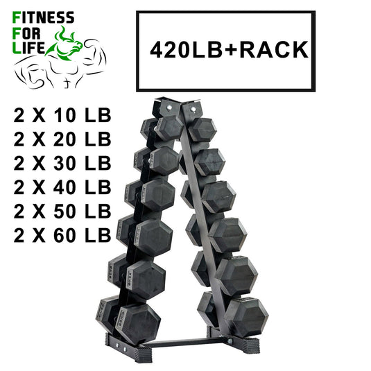 420 lb HEX Dumbbells set + Rack