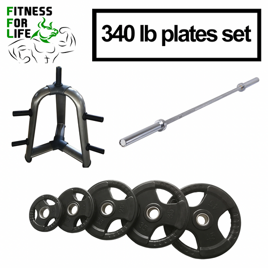 340 lb Tri Grip Weight Plates Set + Bar + Rack