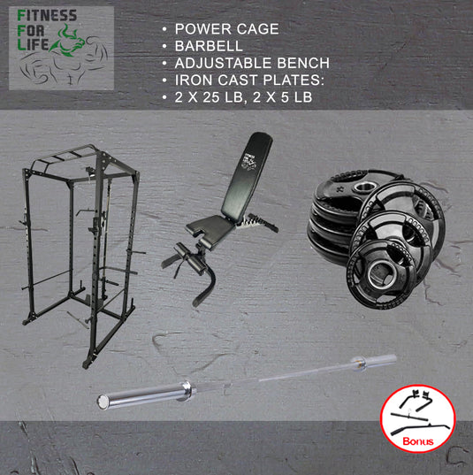 Power Rack Lat Pulldown Bundle + Bench HD (Rubber Tri grip Plates )