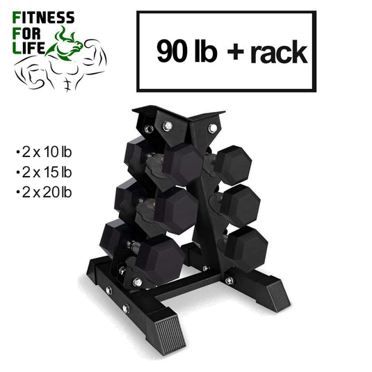 90 lb HEX Dumbbells set + 3 pair rack